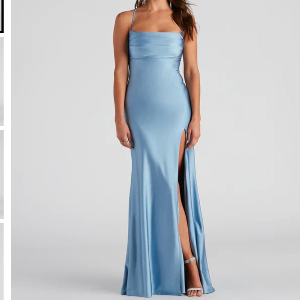 Windsor A-Line Satin High Slit Blue Formal Dress (Size L)